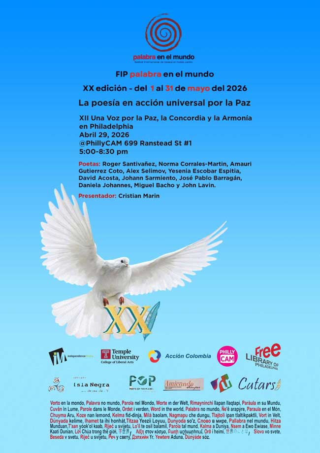 a flyer with a blue background, title in black color, a white dove flying, and more text with names at the bottom